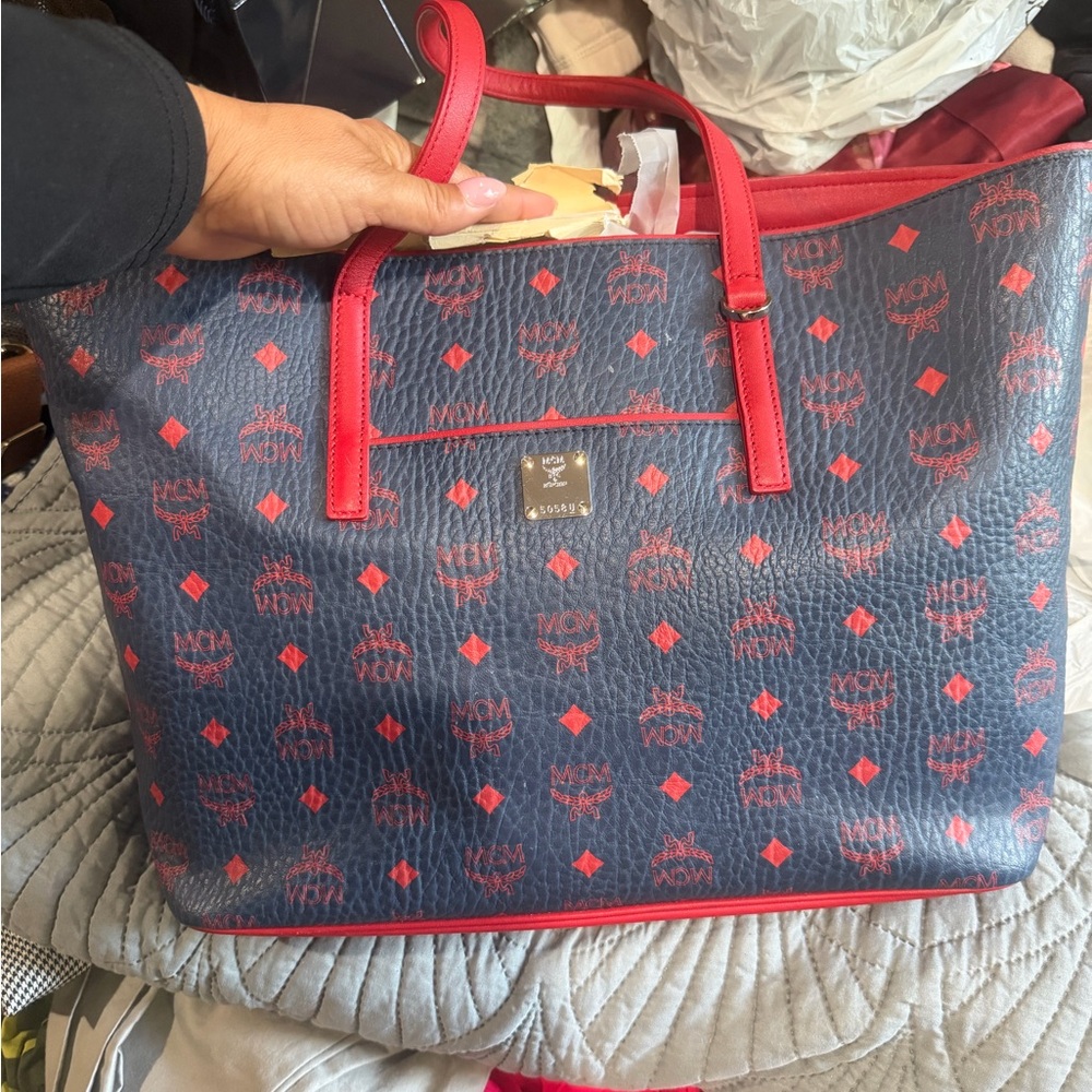 MCM Navy Visetos Canvas Tote with Red Trim and Handles